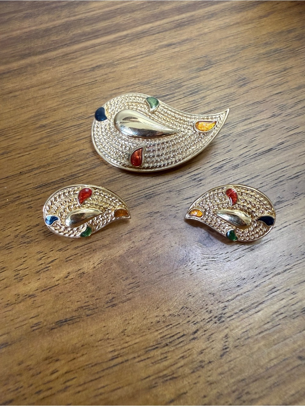 Gold-tone Paisley Brooch and Earring Set with Multicolor Enamel